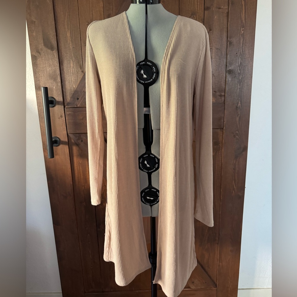 Ambiance Neutral Taupe Ribbed Long Open-Front Cardigan